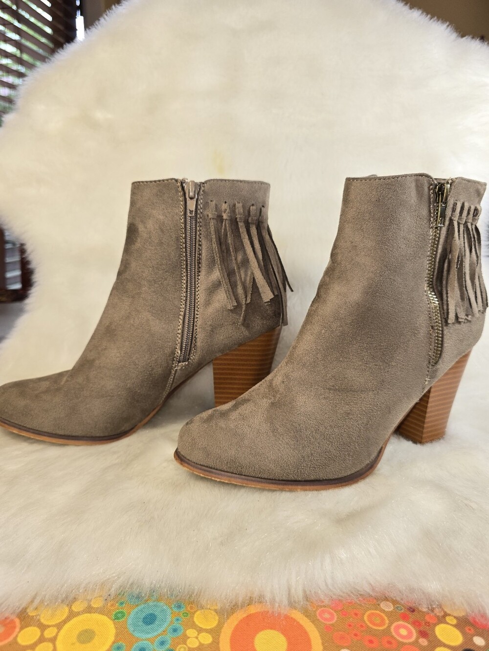 JustFab "Aliana" Taupe Fringe vegan Suede Western inspired Ankle Booties